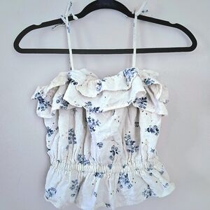American Eagle AE Blue & White Floral Ruffle Women's Top